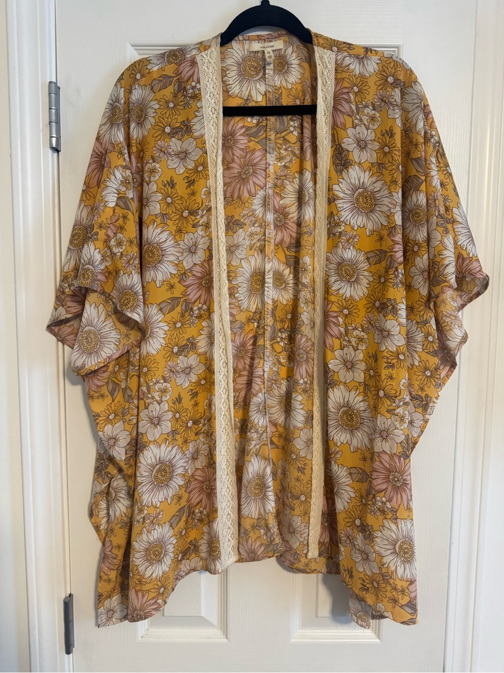 Maurices Mustard Floral Open-Front Kimono
